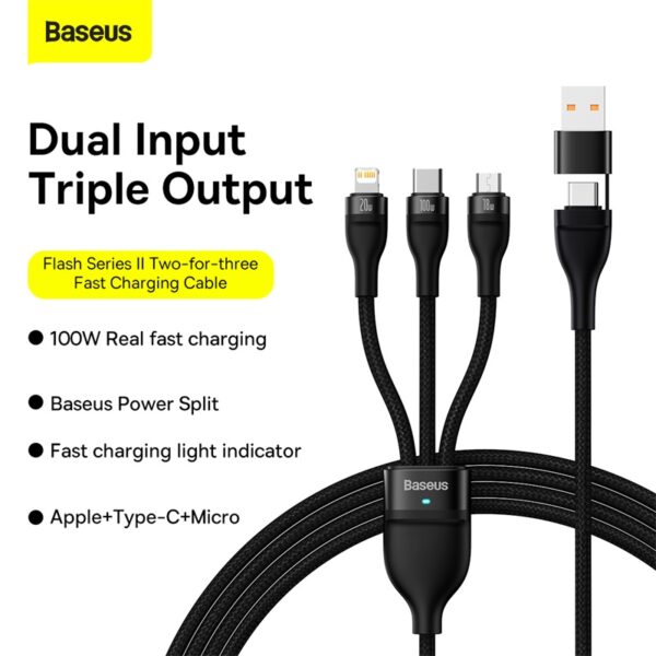 Baseus Flash Series Ⅱ Two-for-three Charging Cable U+C to M+L+C 100W - 1.2m - Black-baseuscolombo (17) | Baseus Colombo