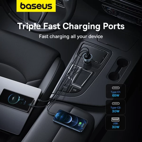 Baseus Golden Contactor Pro GaN Fast Charging Car Charger U+2C 65W Lunar Gray Baseuscolombo